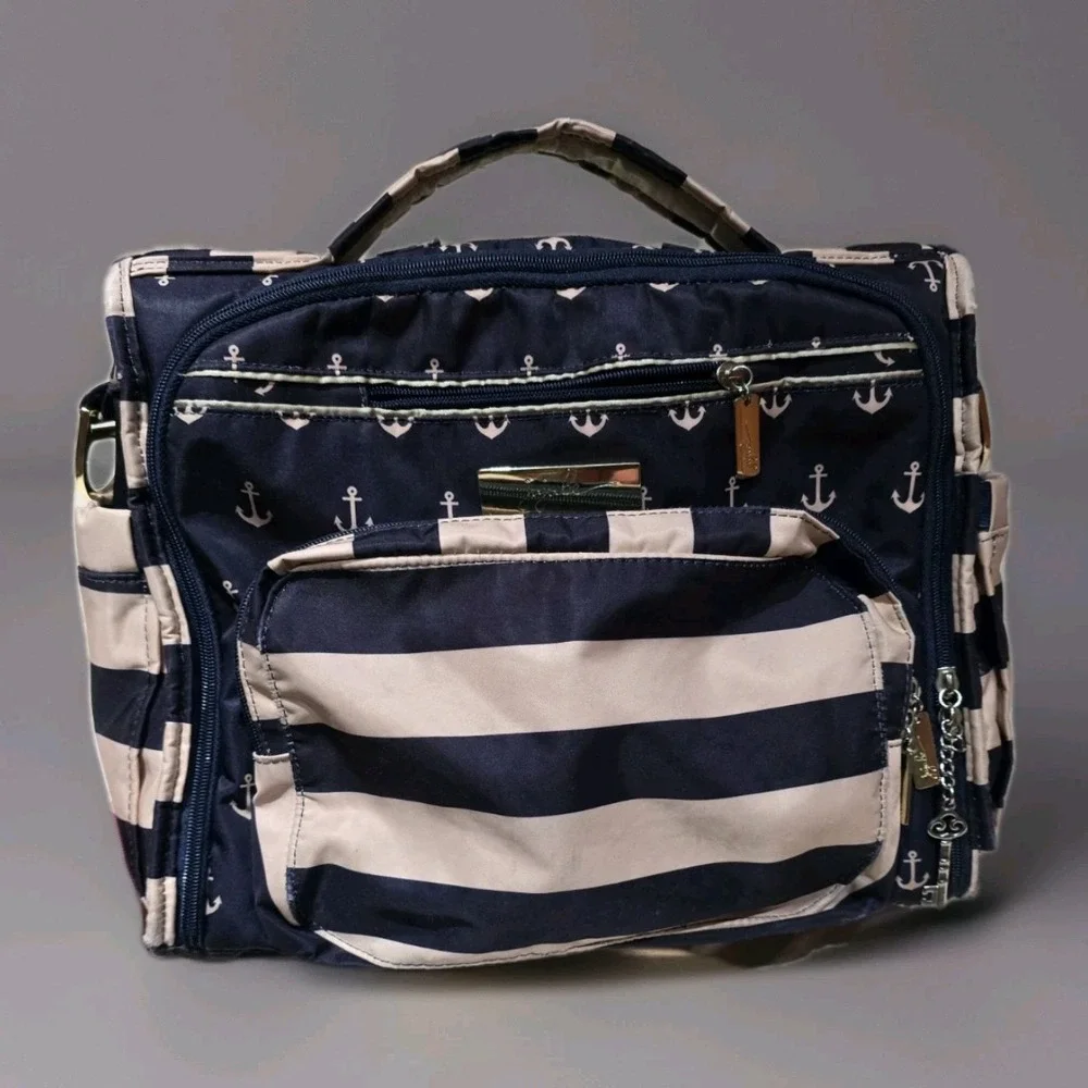 JuJuBe Commodore Tan Navy Size Large Nautical Anchor Stripes Diaper Bag Travel